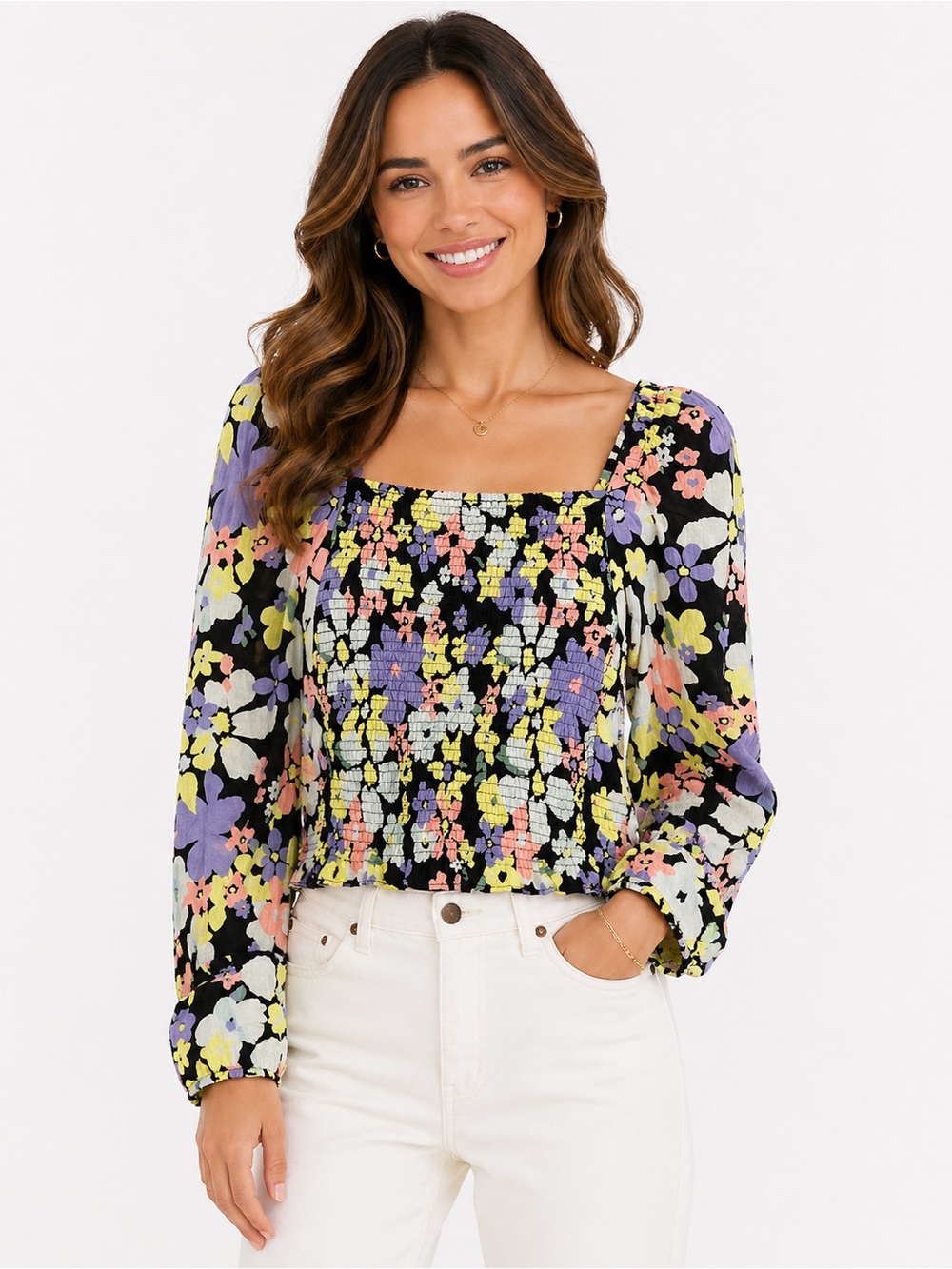 Free People Size XS Oversized Floral Smocked Women's Top - Multicolor